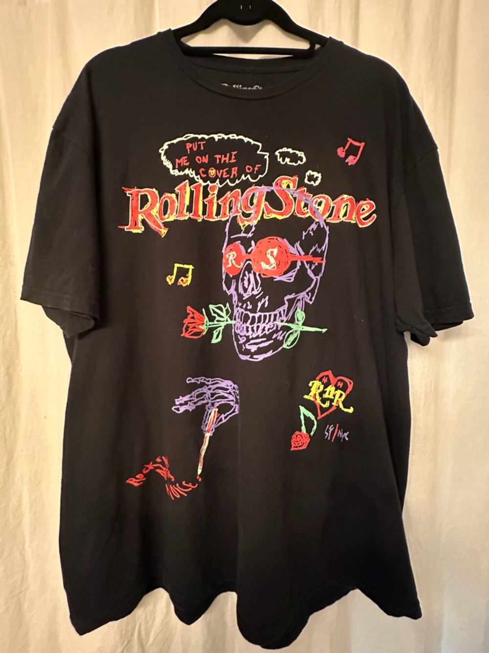 Rolling Stones Black Tee with Neon Skull and Rose Graphic Double Sided